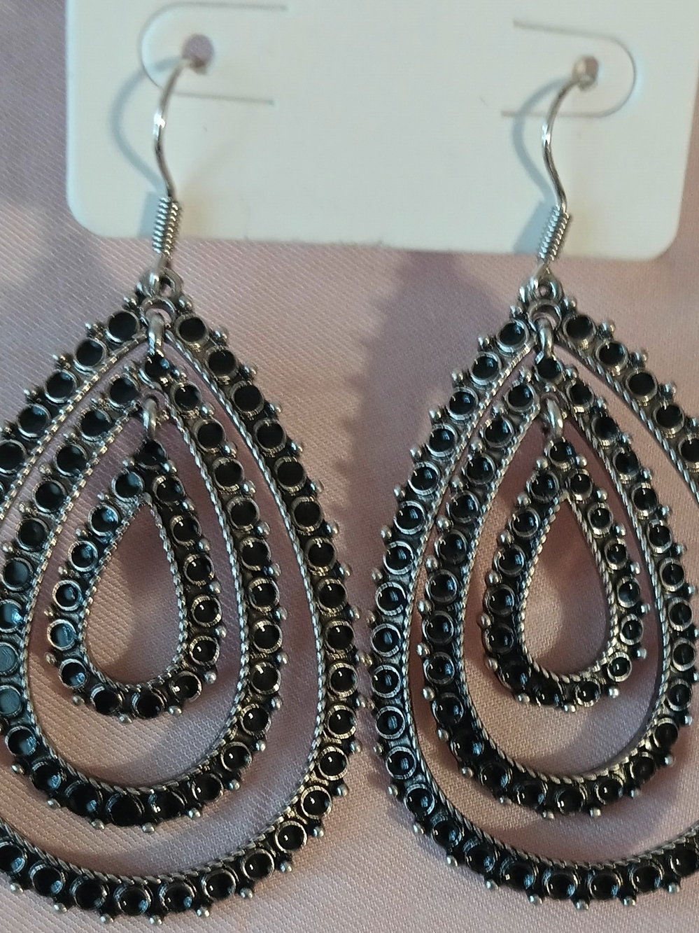 Fashion Jewelry Silver-Tone Black Teardrop Dangle Earrings